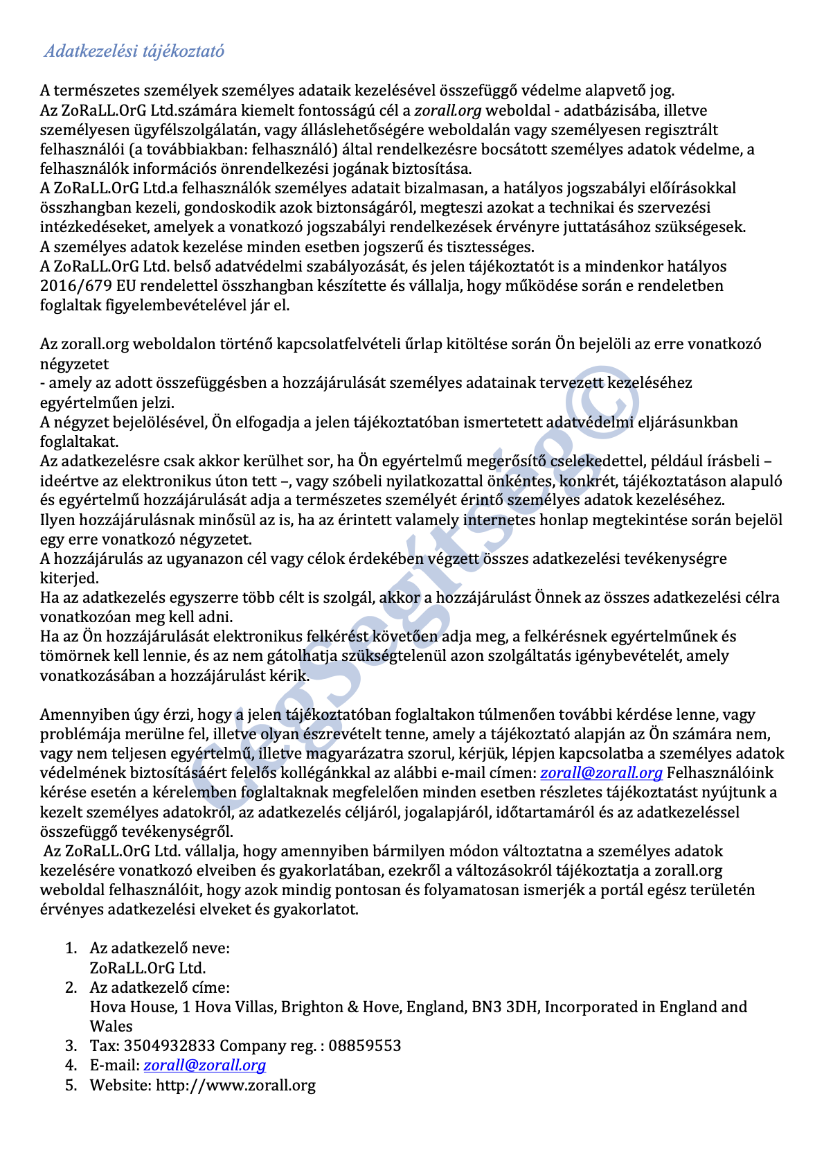 Adatkezelési tájékoztató 1. oldal